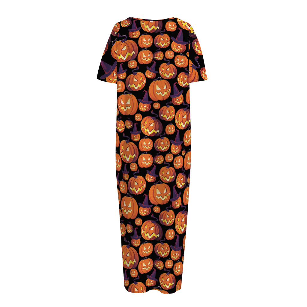 Halloween Pumpkin Witch Pattern Print Short Sleeve Long Nightdress