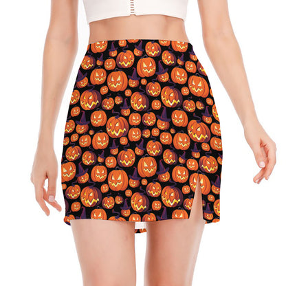 Halloween Pumpkin Witch Pattern Print Side Slit Mini Skirt