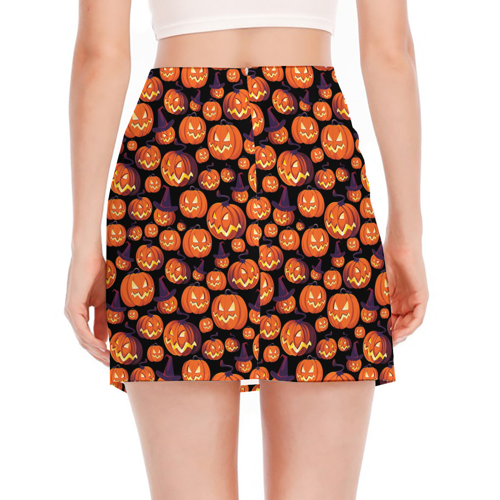 Halloween Pumpkin Witch Pattern Print Side Slit Mini Skirt