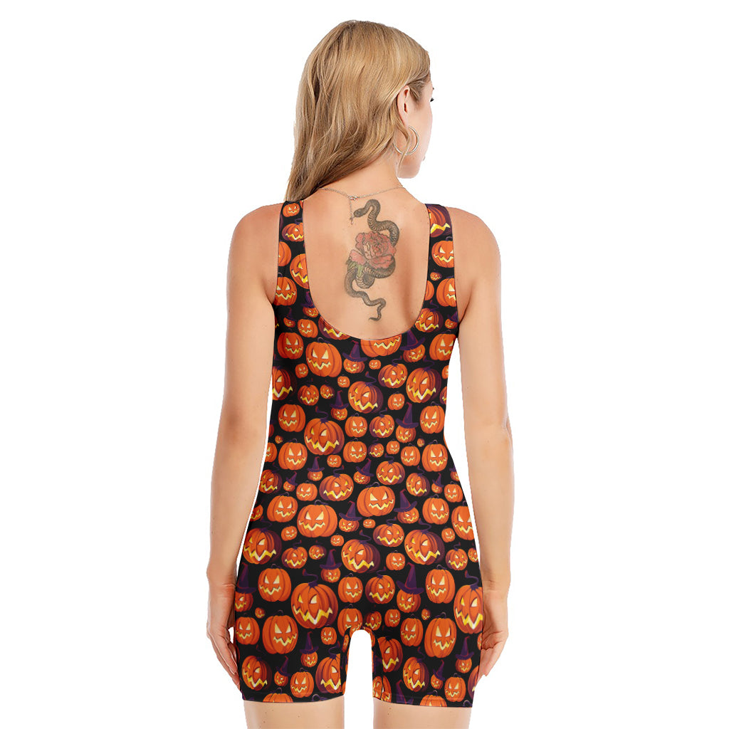 Halloween Pumpkin Witch Pattern Print Sleeveless One Piece Swimsuit