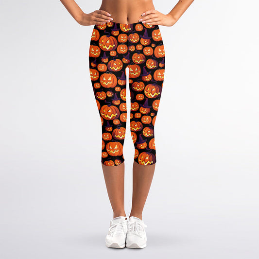 Halloween Pumpkin Witch Pattern Print Women's Capri Leggings