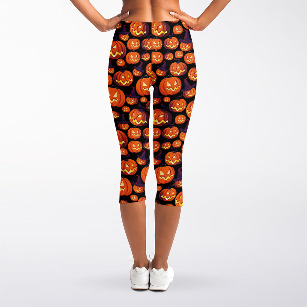 Halloween Pumpkin Witch Pattern Print Women's Capri Leggings