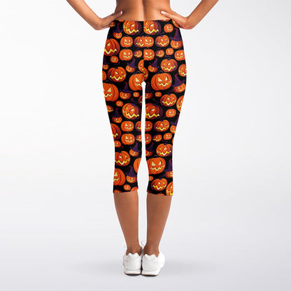 Halloween Pumpkin Witch Pattern Print Women's Capri Leggings