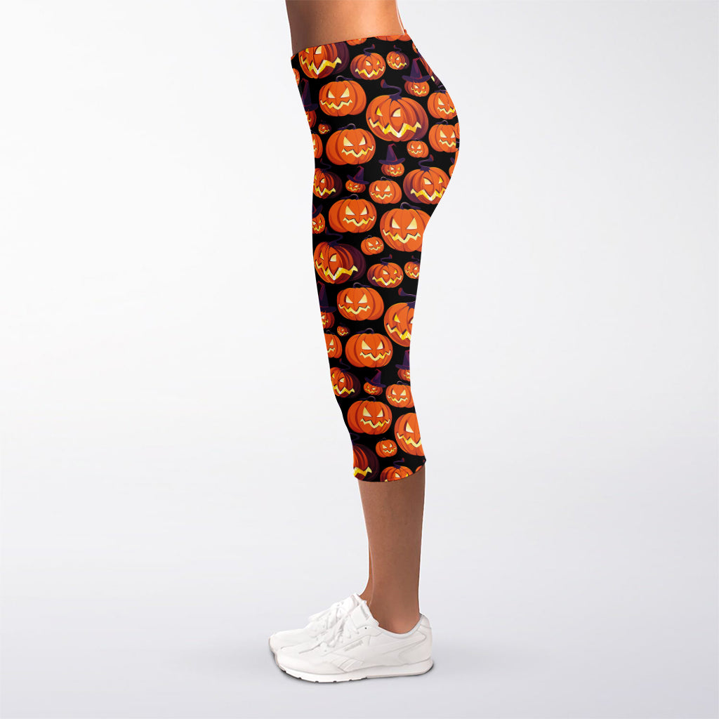 Halloween Pumpkin Witch Pattern Print Women's Capri Leggings
