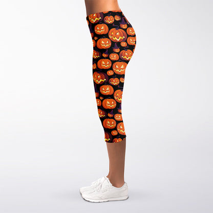Halloween Pumpkin Witch Pattern Print Women's Capri Leggings