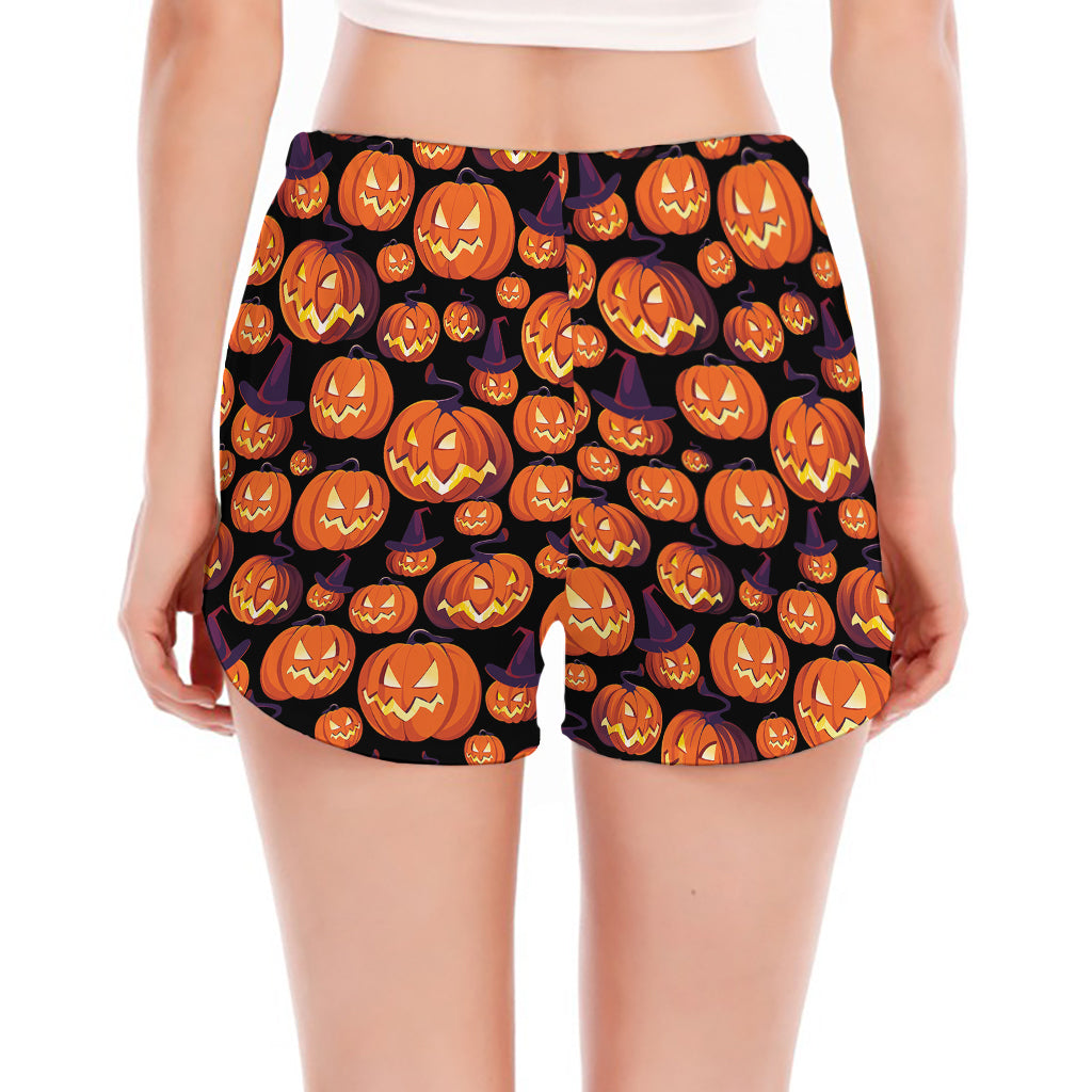 Halloween Pumpkin Witch Pattern Print Women's Split Running Shorts
