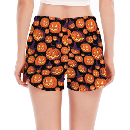 Halloween Pumpkin Witch Pattern Print Women's Split Running Shorts