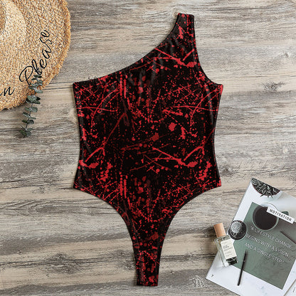 Halloween Red Blood Print One Shoulder Bodysuit