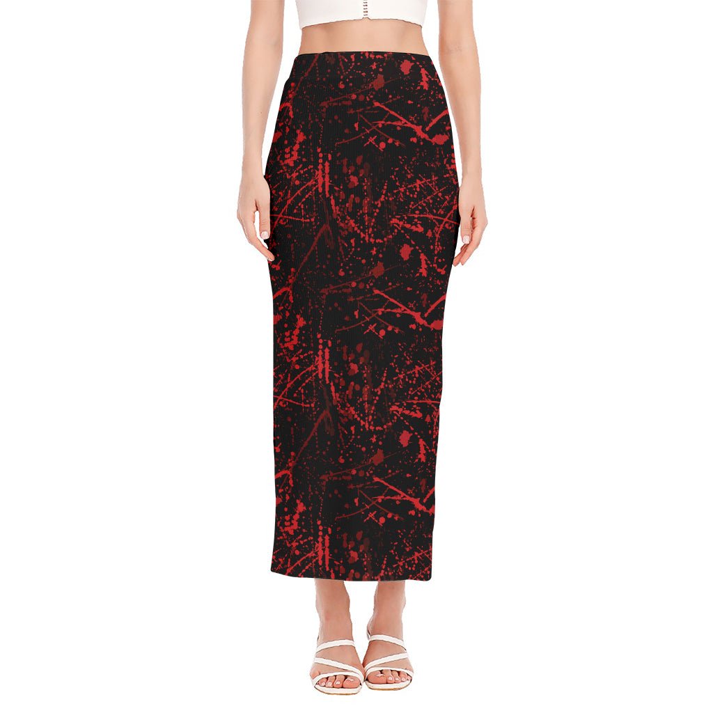 Halloween Red Blood Print Side Slit Maxi Skirt