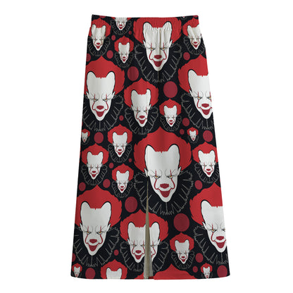 Halloween Scary Clown Pattern Print Cotton Front Slit Maxi Skirt
