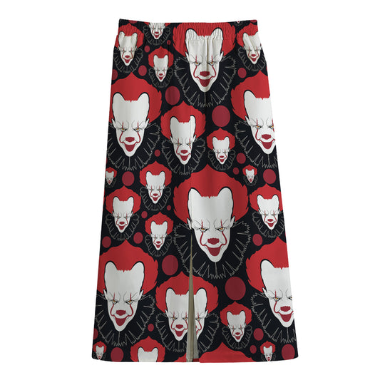 Halloween Scary Clown Pattern Print Cotton Front Slit Maxi Skirt