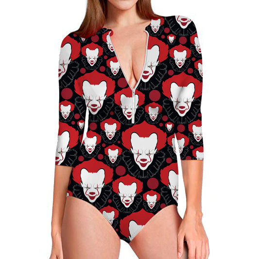 Halloween Scary Clown Pattern Print Long Sleeve Swimsuit