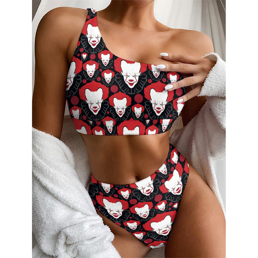 Halloween Scary Clown Pattern Print One Shoulder Bikini Top