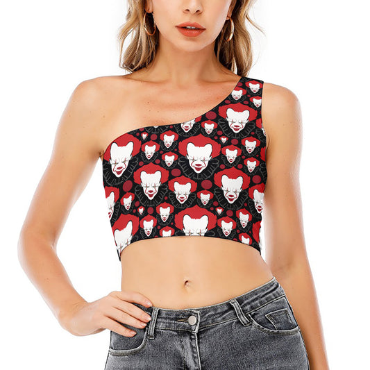 Halloween Scary Clown Pattern Print One Shoulder Crop Top
