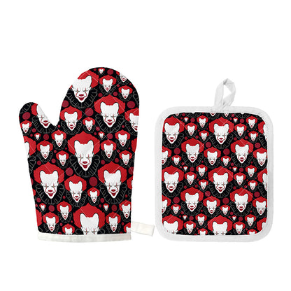 Halloween Scary Clown Pattern Print Oven Mitt And Pot Holder Set
