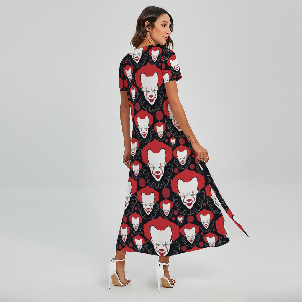 Halloween Scary Clown Pattern Print Short Sleeve Maxi Dress