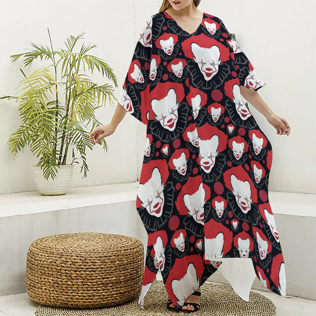 Halloween Scary Clown Pattern Print Silk V-Neck Kaftan Dress