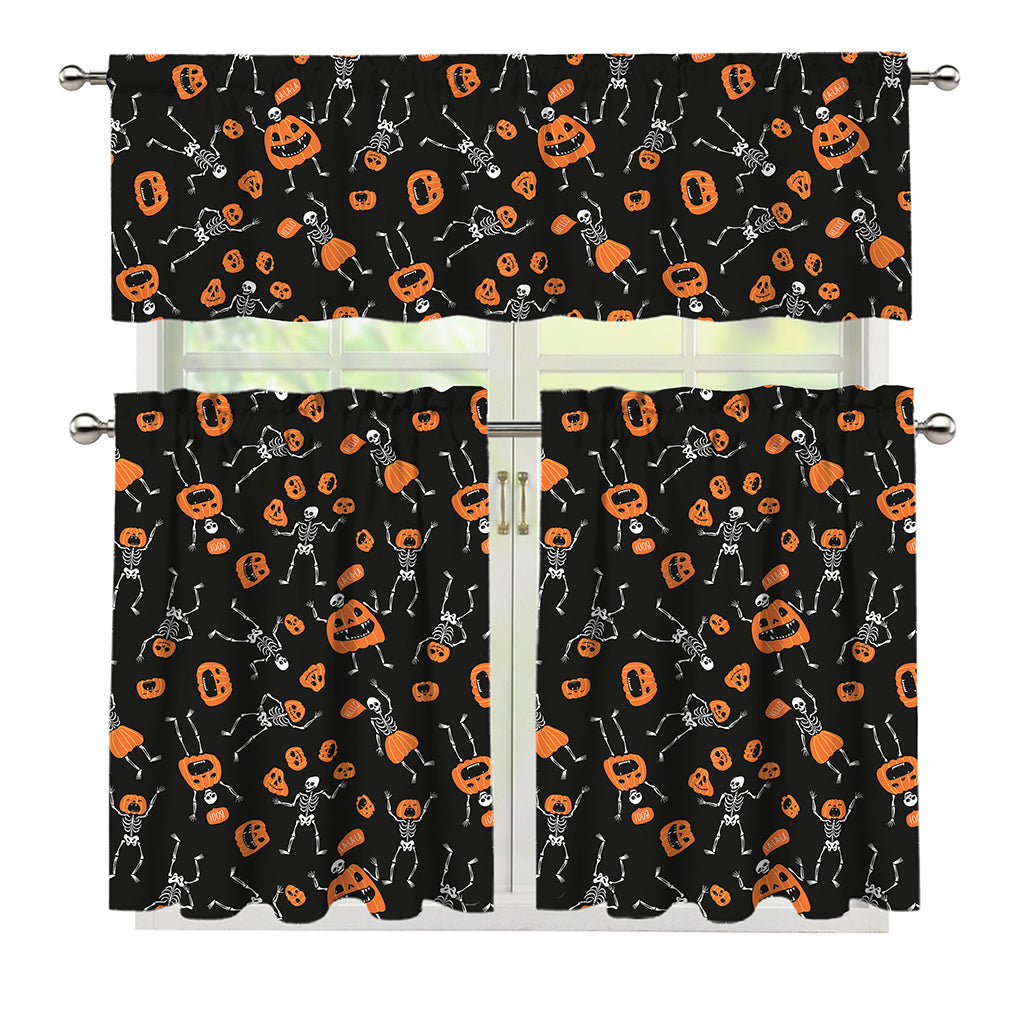 Halloween Skeleton And Pumpkin Print 3 Piece Kitchen Curtains