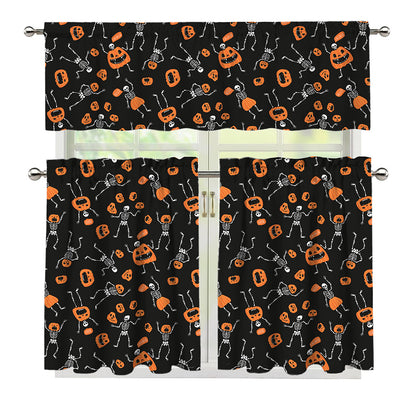 Halloween Skeleton And Pumpkin Print 3 Piece Kitchen Curtains