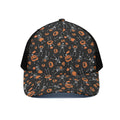 Halloween Skeleton And Pumpkin Print Black Mesh Trucker Hat