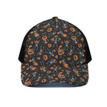 Halloween Skeleton And Pumpkin Print Black Mesh Trucker Cap
