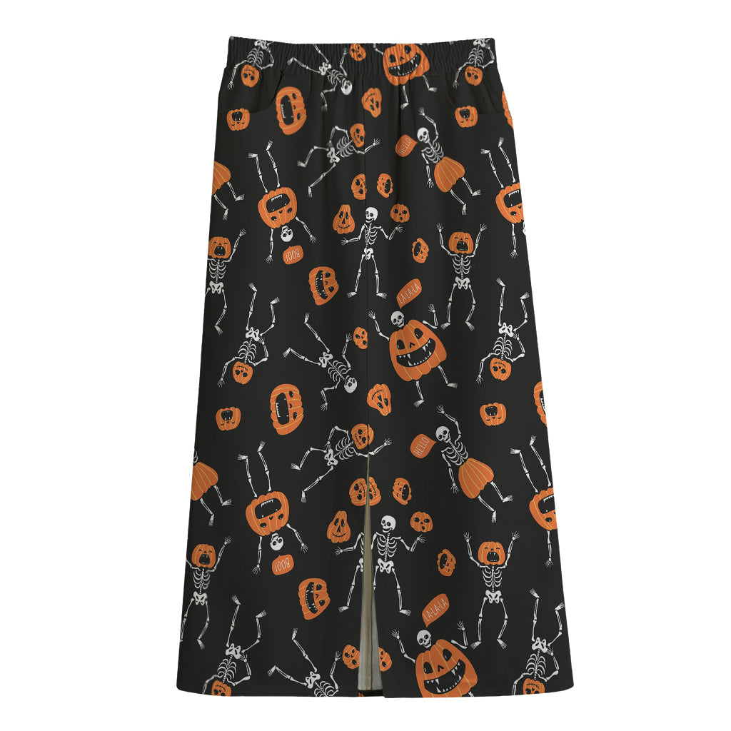 Halloween Skeleton And Pumpkin Print Cotton Front Slit Maxi Skirt