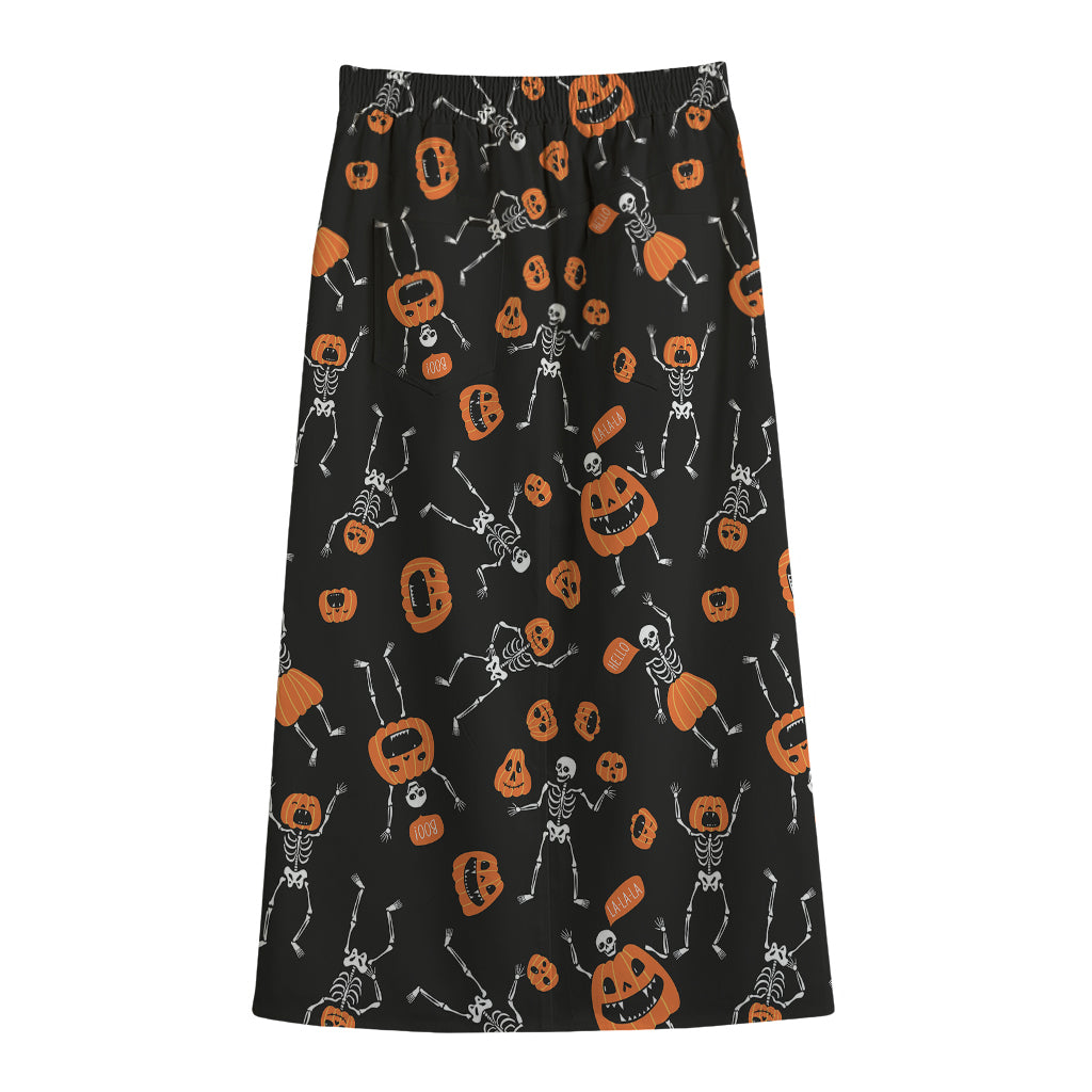 Halloween Skeleton And Pumpkin Print Cotton Front Slit Maxi Skirt