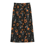 Halloween Skeleton And Pumpkin Print Cotton Front Slit Maxi Skirt