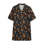 Halloween Skeleton And Pumpkin Print Cotton Hawaiian Shirt