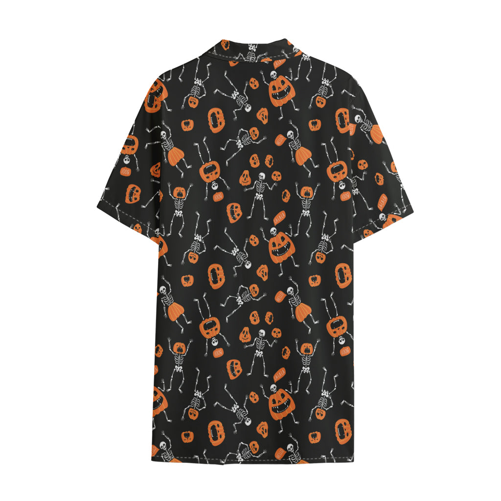 Halloween Skeleton And Pumpkin Print Cotton Hawaiian Shirt