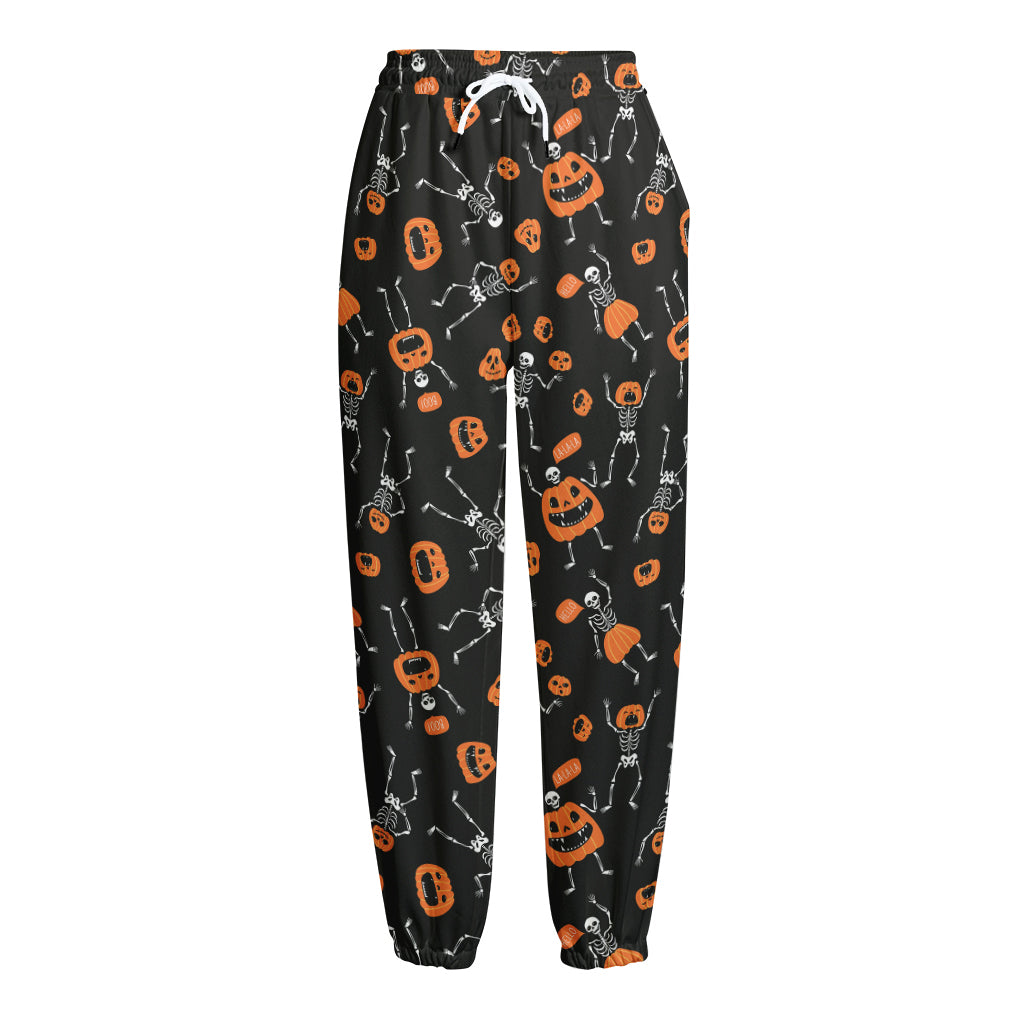 Halloween Skeleton And Pumpkin Print Fleece Lined Knit Pants
