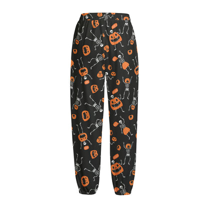 Halloween Skeleton And Pumpkin Print Fleece Lined Knit Pants