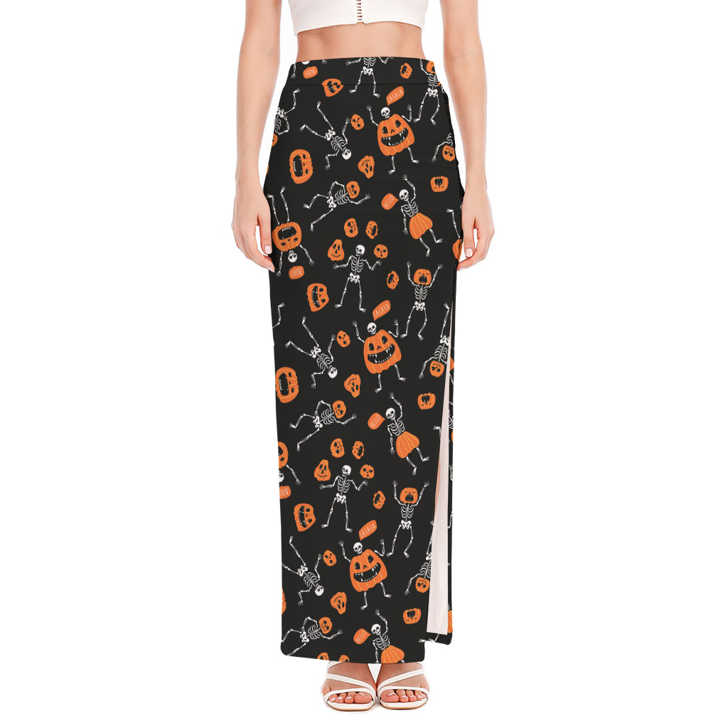 Halloween Skeleton And Pumpkin Print High Slit Maxi Skirt