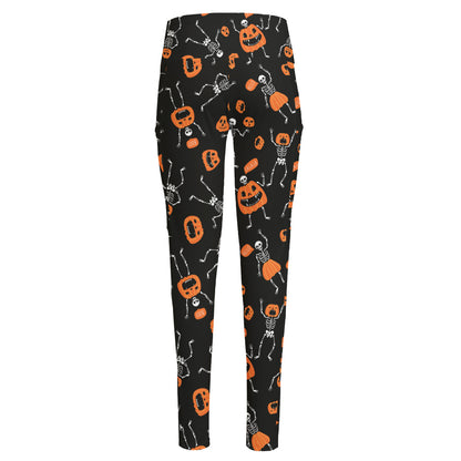 Halloween Skeleton And Pumpkin Print High-Waisted Pocket Leggings