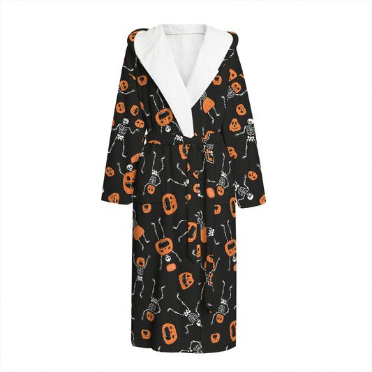 Halloween Skeleton And Pumpkin Print Hooded Bathrobe