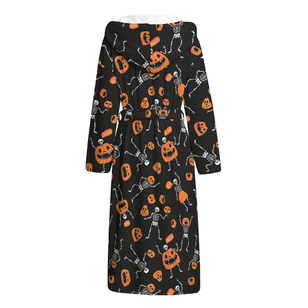 Halloween Skeleton And Pumpkin Print Hooded Bathrobe