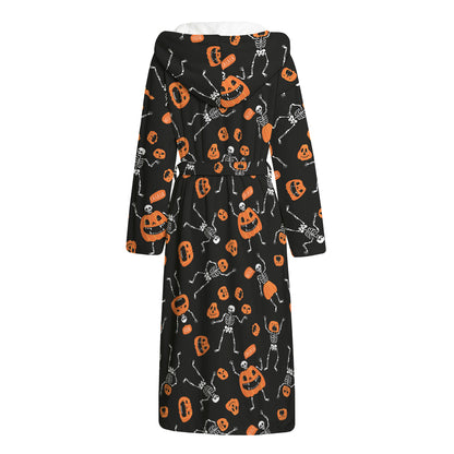 Halloween Skeleton And Pumpkin Print Hooded Bathrobe