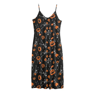 Halloween Skeleton And Pumpkin Print Jersey Midi Cami Dress