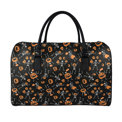Halloween Skeleton And Pumpkin Print Leather Duffle Bag