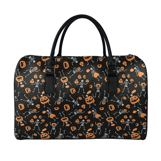 Halloween Skeleton And Pumpkin Print Leather Duffle Bag