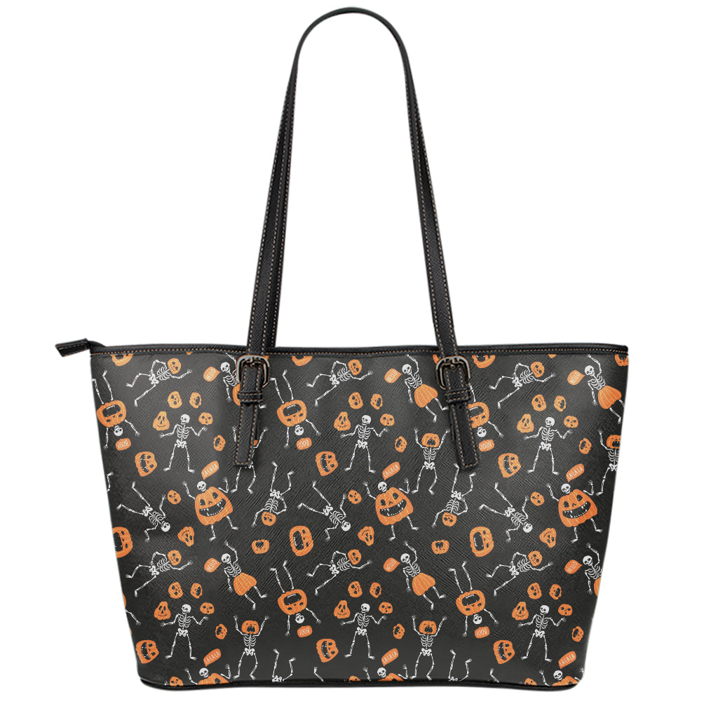 Halloween Skeleton And Pumpkin Print Leather Tote Bag