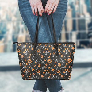 Halloween Skeleton And Pumpkin Print Leather Tote Bag