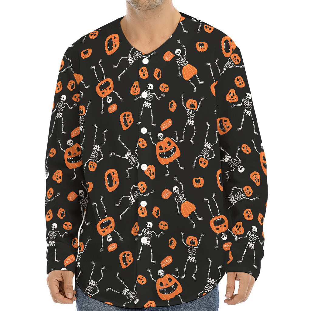 Halloween Skeleton And Pumpkin Print Long Sleeve Baseball Jersey