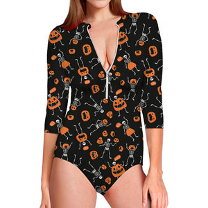 Halloween Skeleton And Pumpkin Print Long Sleeve Swimsuit