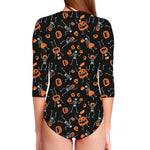 Halloween Skeleton And Pumpkin Print Long Sleeve Swimsuit