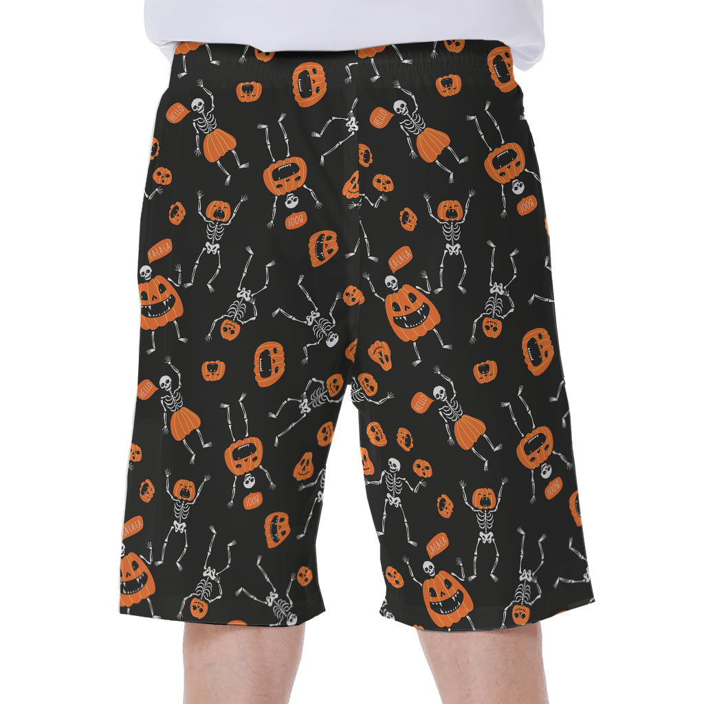 Halloween Skeleton And Pumpkin Print Men's Beach Shorts