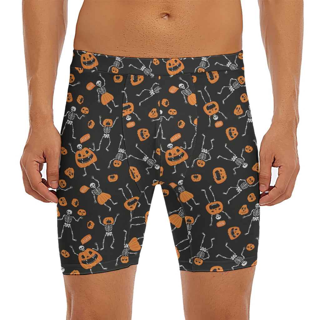 Halloween Skeleton And Pumpkin Print Men's Long Boxer Briefs