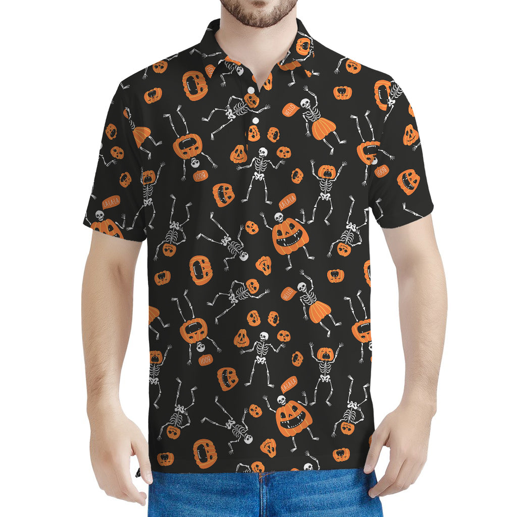 Halloween Skeleton And Pumpkin Print Men's Polo Shirt