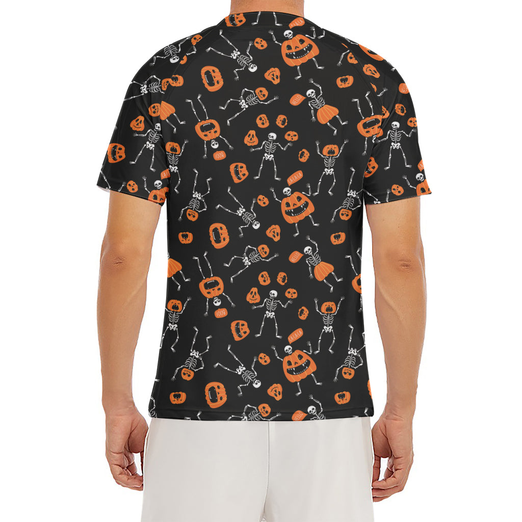 Halloween Skeleton And Pumpkin Print Men's Short Sleeve Rash Guard