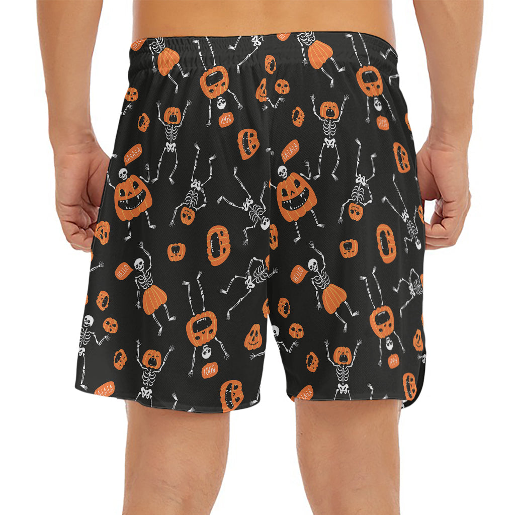 Halloween Skeleton And Pumpkin Print Men's Split Running Shorts